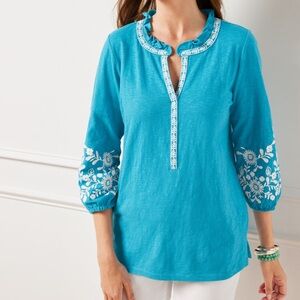 Talbots Split-Neck Floral Embroidered Tunic Blue White Medium Modern Boho Casual
